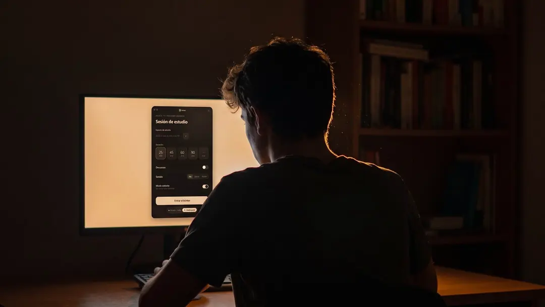 Persona estudiando de noche frente al monitor con la ventana de sesión de bunqr