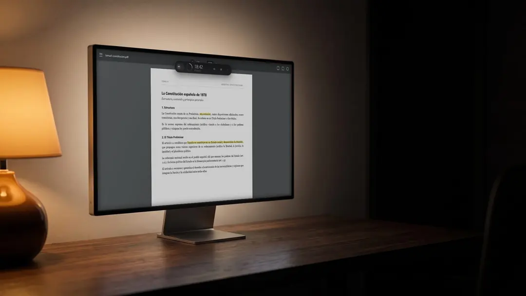 Temario en PDF a pantalla completa junto a una lámpara encendida