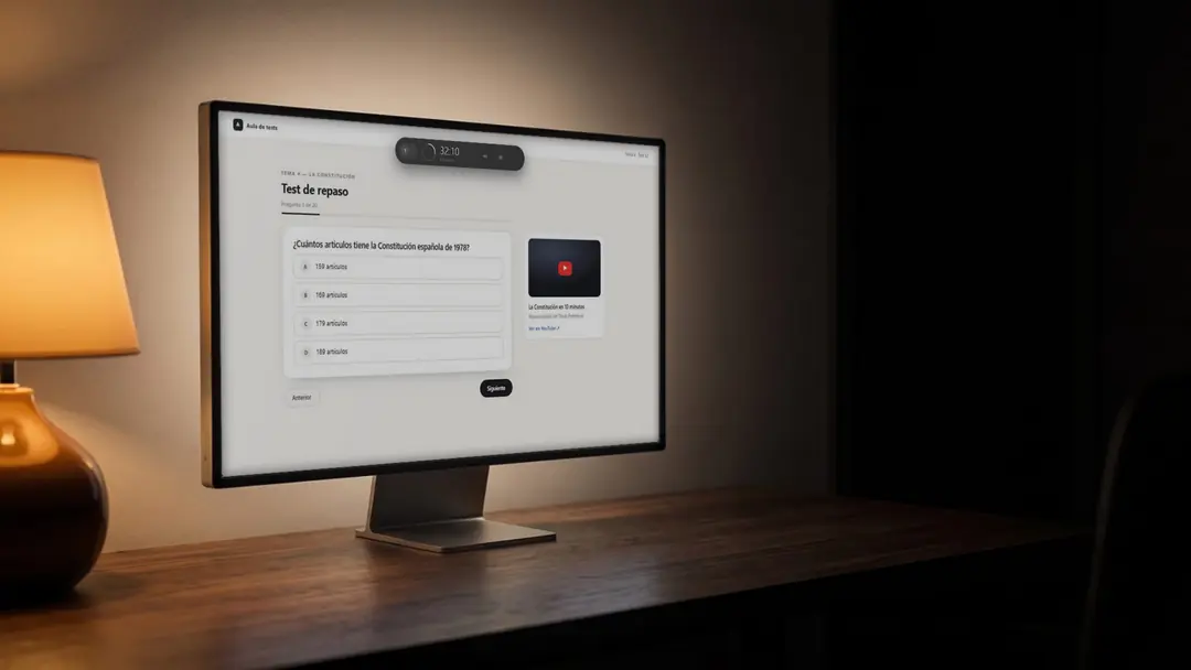 Web de tests a pantalla completa junto a una lámpara encendida, con el reloj de bunqr arriba