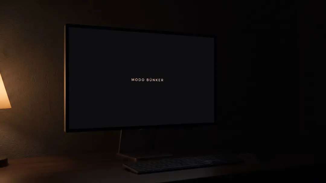 Monitor en una habitación a oscuras con el mensaje «Modo búnker»