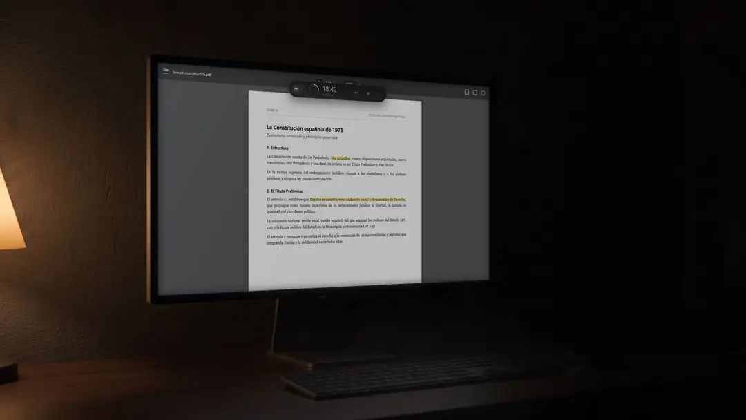 Temario en PDF a pantalla completa en un escritorio a oscuras, con el reloj de bunqr arriba