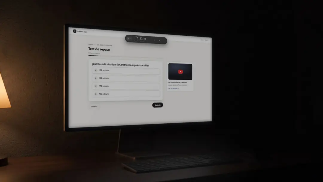 Web de tests a pantalla completa en un escritorio a oscuras, con el reloj de bunqr arriba