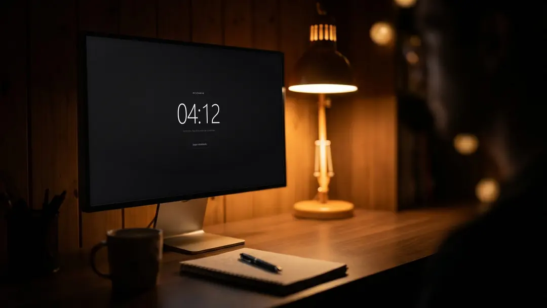 Pantalla de descanso de bunqr junto a una libreta y una lámpara de escritorio
