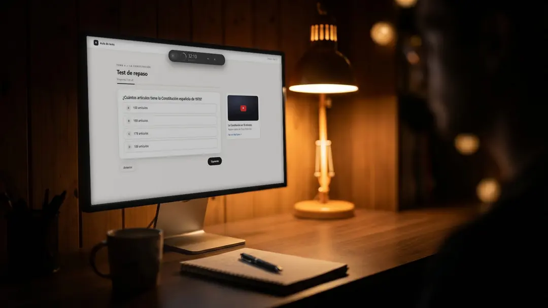 Web de tests en pantalla y una libreta con bolígrafo sobre la mesa