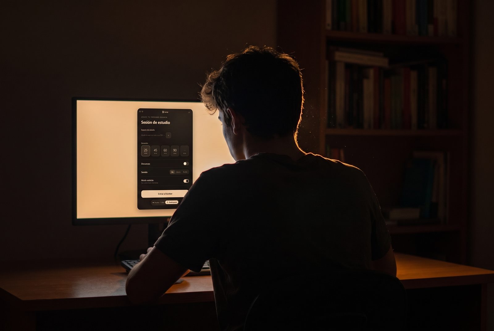 Una persona encerrada de noche frente a la pantalla con bunqr