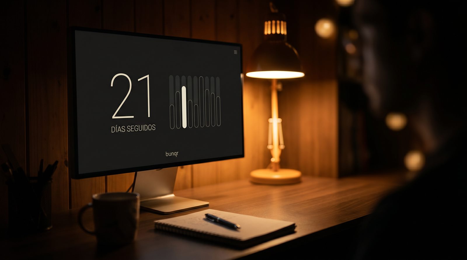La pantalla de estadísticas de bunqr con 21 días seguidos de racha