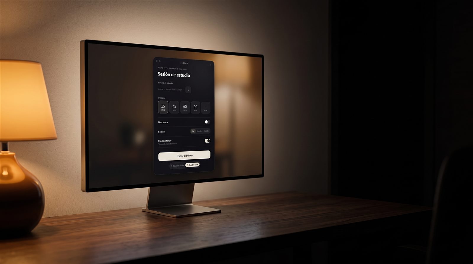 La pantalla de bunqr con la duración de la sesión de estudio